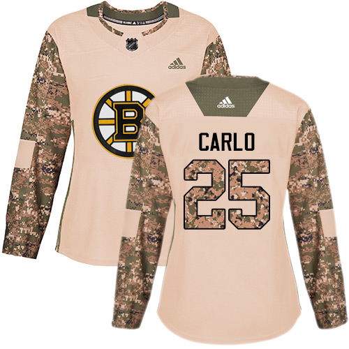Women's Adidas Boston Bruins #25 Brandon Carlo Authentic Camo Veterans Day Practice NHL Jersey