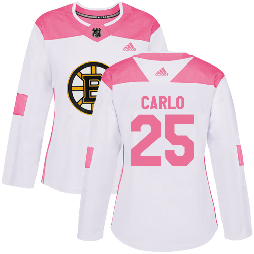 Women's Adidas Boston Bruins #25 Brandon Carlo Authentic White/Pink Fashion NHL Jersey