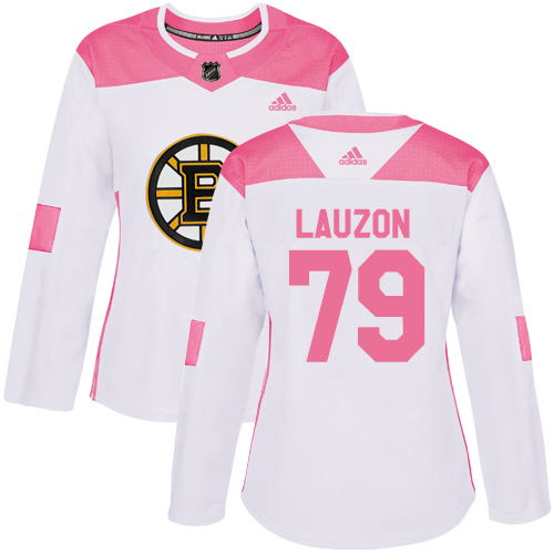 Women's Adidas Boston Bruins #79 Jeremy Lauzon Authentic White/Pink Fashion NHL Jersey