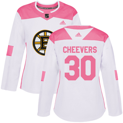 Women's Adidas Boston Bruins #30 Gerry Cheevers Authentic White/Pink Fashion NHL Jersey