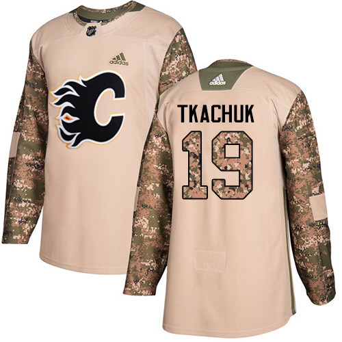 Men's Adidas Calgary Flames #19 Matthew Tkachuk Authentic Camo Veterans Day Practice NHL Jersey