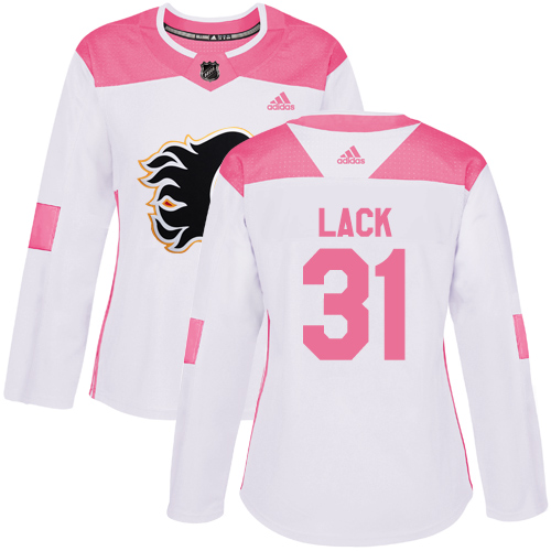 Women's Adidas Calgary Flames #31 Eddie Lack Authentic White/Pink Fashion NHL Jersey