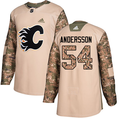 Men's Adidas Calgary Flames #54 Rasmus Andersson Authentic Camo Veterans Day Practice NHL Jersey