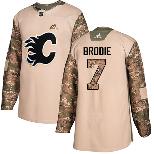 Men's Adidas Calgary Flames #7 TJ Brodie Authentic Camo Veterans Day Practice NHL Jersey