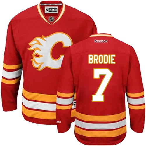 Men's Reebok Calgary Flames #7 TJ Brodie Authentic Red Third NHL Jersey