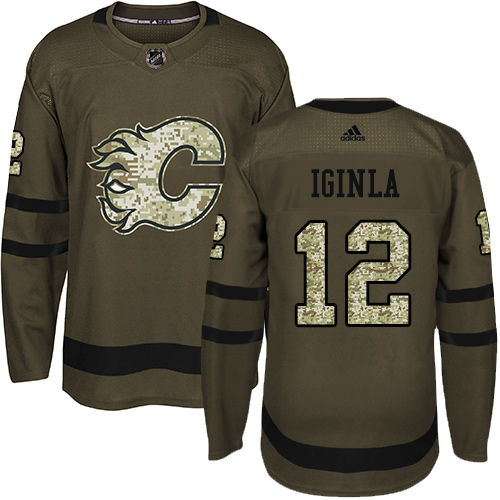 Men's Adidas Calgary Flames #12 Jarome Iginla Authentic Green Salute to Service NHL Jersey