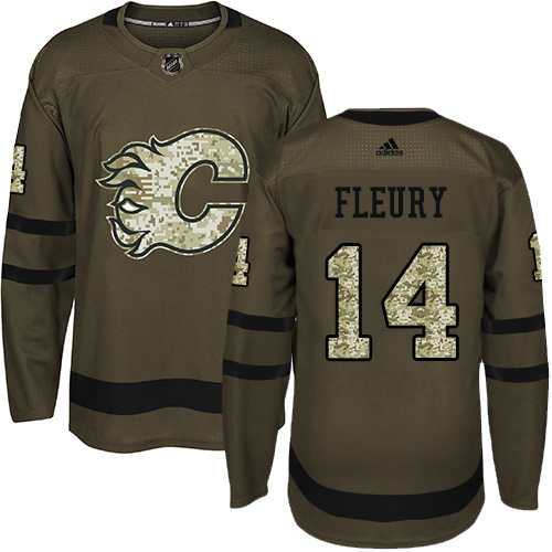 Men's Adidas Calgary Flames #14 Theoren Fleury Premier Green Salute to Service NHL Jersey