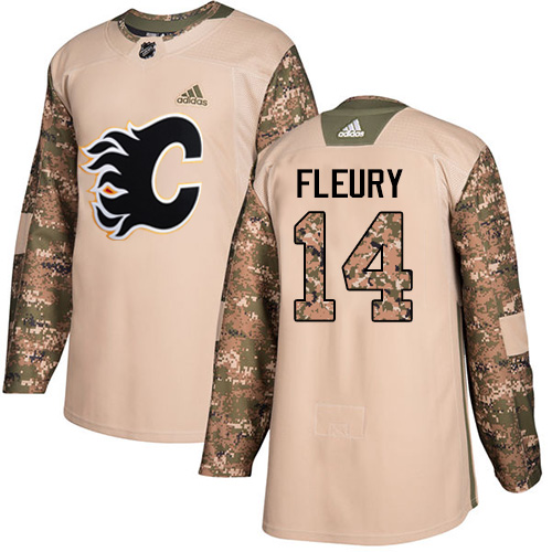 Men's Adidas Calgary Flames #14 Theoren Fleury Authentic Camo Veterans Day Practice NHL Jersey