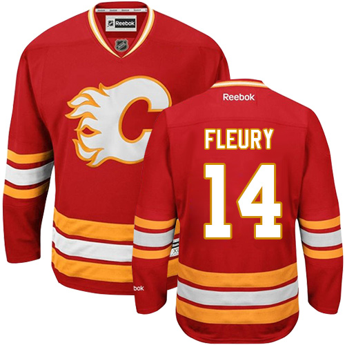 Men's Reebok Calgary Flames #14 Theoren Fleury Authentic Red Third NHL Jersey