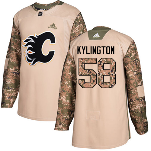 Men's Adidas Calgary Flames #58 Oliver Kylington Authentic Camo Veterans Day Practice NHL Jersey