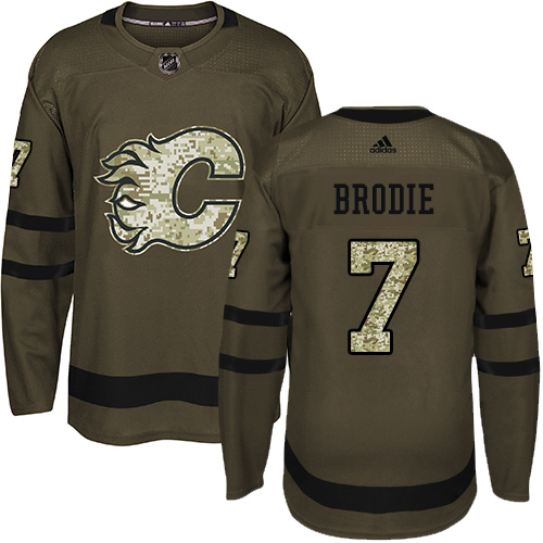 Men's Adidas Calgary Flames #7 TJ Brodie Authentic Green Salute to Service NHL Jersey
