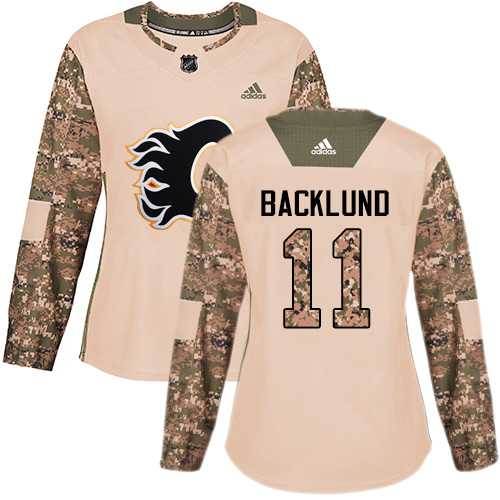 Women's Adidas Calgary Flames #11 Mikael Backlund Authentic Camo Veterans Day Practice NHL Jersey
