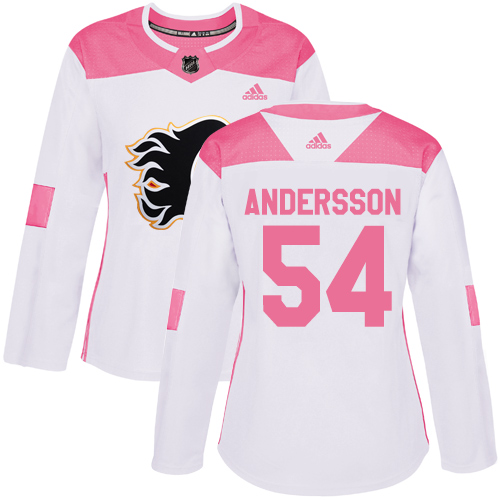 Women's Adidas Calgary Flames #54 Rasmus Andersson Authentic White/Pink Fashion NHL Jersey