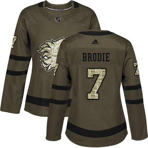 Women's Adidas Calgary Flames #7 TJ Brodie Authentic Green Salute to Service NHL Jersey