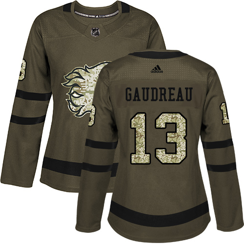 Women's Adidas Calgary Flames #13 Johnny Gaudreau Authentic Green Salute to Service NHL Jersey