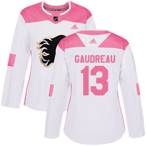 Women's Adidas Calgary Flames #13 Johnny Gaudreau Authentic White/Pink Fashion NHL Jersey