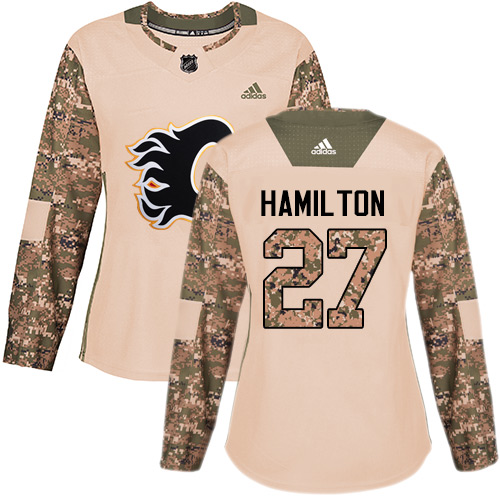 Women's Adidas Calgary Flames #27 Dougie Hamilton Authentic Camo Veterans Day Practice NHL Jersey