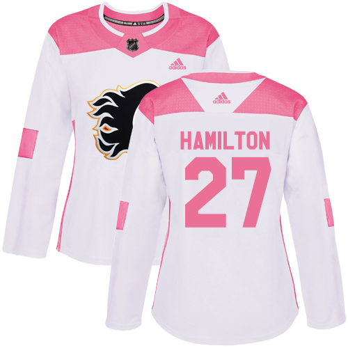 Women's Adidas Calgary Flames #27 Dougie Hamilton Authentic White/Pink Fashion NHL Jersey
