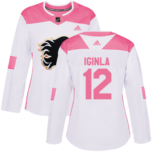Women's Adidas Calgary Flames #12 Jarome Iginla Authentic White/Pink Fashion NHL Jersey