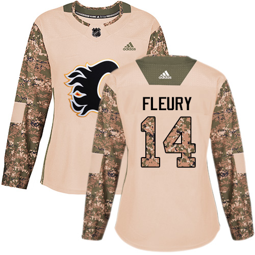 Women's Adidas Calgary Flames #14 Theoren Fleury Authentic Camo Veterans Day Practice NHL Jersey