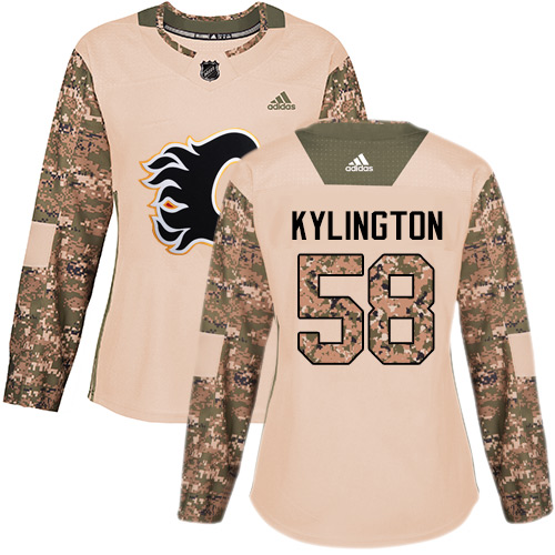 Women's Adidas Calgary Flames #58 Oliver Kylington Authentic Camo Veterans Day Practice NHL Jersey