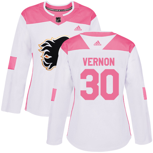 Women's Adidas Calgary Flames #30 Mike Vernon Authentic White/Pink Fashion NHL Jersey