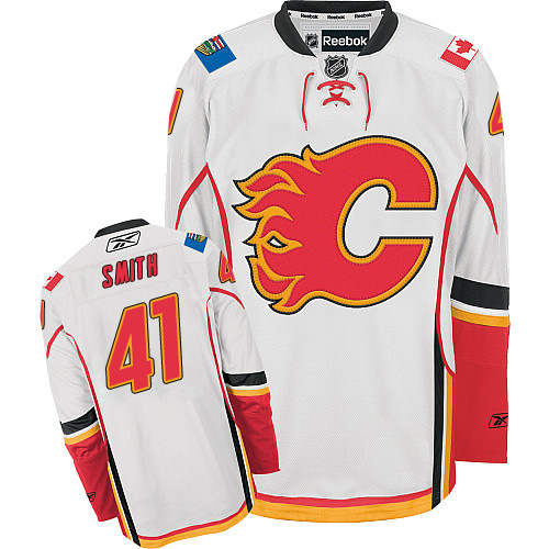 Men's Reebok Calgary Flames #41 Mike Smith Authentic White Away NHL Jersey