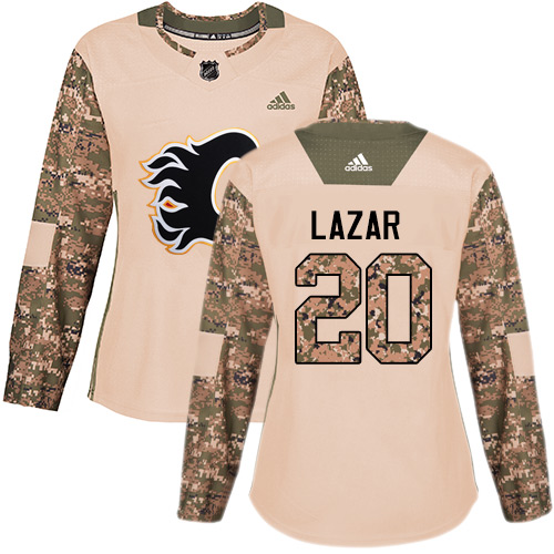 Women's Adidas Calgary Flames #20 Curtis Lazar Authentic Camo Veterans Day Practice NHL Jersey