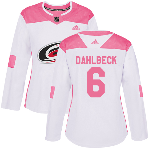 Women's Adidas Carolina Hurricanes #6 Klas Dahlbeck Authentic White/Pink Fashion NHL Jersey
