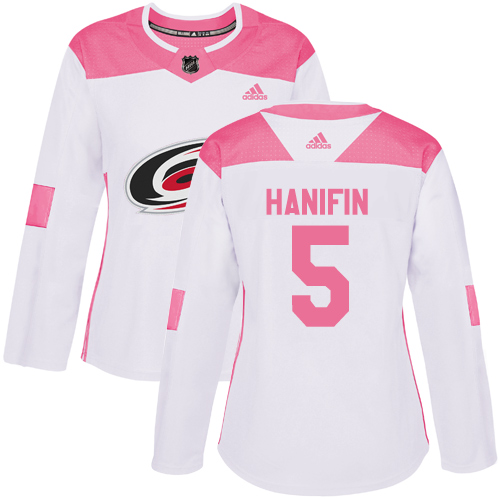 Women's Adidas Carolina Hurricanes #5 Noah Hanifin Authentic White/Pink Fashion NHL Jersey