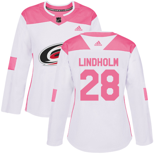 Women's Adidas Carolina Hurricanes #28 Elias Lindholm Authentic White/Pink Fashion NHL Jersey