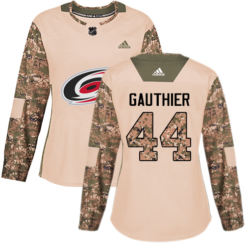 Women's Adidas Carolina Hurricanes #44 Julien Gauthier Authentic Camo Veterans Day Practice NHL Jersey
