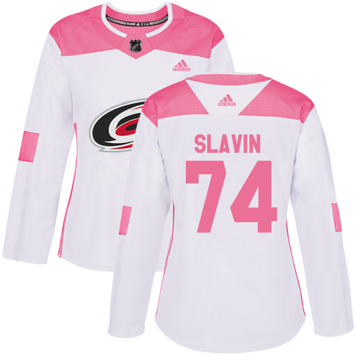 Women's Adidas Carolina Hurricanes #74 Jaccob Slavin Authentic White/Pink Fashion NHL Jersey