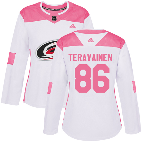 Women's Adidas Carolina Hurricanes #86 Teuvo Teravainen Authentic White/Pink Fashion NHL Jersey