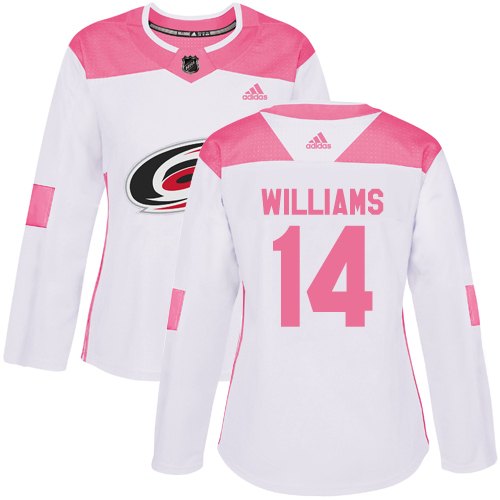 Women's Adidas Carolina Hurricanes #14 Justin Williams Authentic White/Pink Fashion NHL Jersey