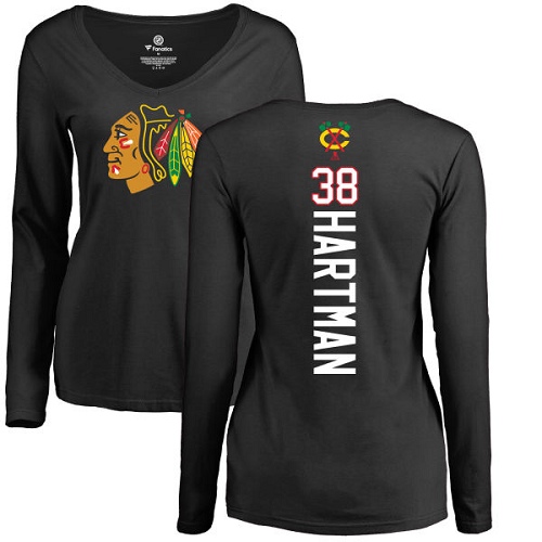 NHL Women's Adidas Chicago Blackhawks #38 Ryan Hartman Black Backer Long Sleeve T-Shirt