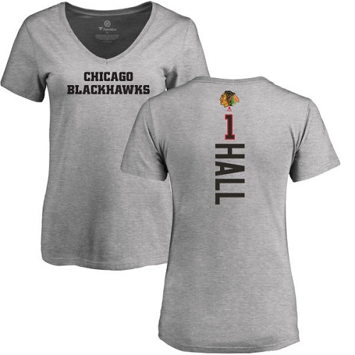 NHL Women's Adidas Chicago Blackhawks #1 Glenn Hall Ash Backer T-Shirt
