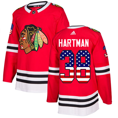 Men's Adidas Chicago Blackhawks #38 Ryan Hartman Authentic Red USA Flag Fashion NHL Jersey