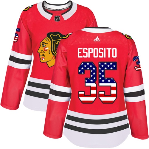 Women's Adidas Chicago Blackhawks #35 Tony Esposito Authentic Red USA Flag Fashion NHL Jersey