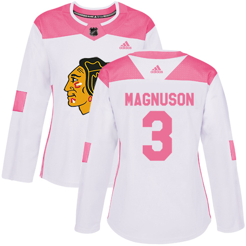 Women's Adidas Chicago Blackhawks #3 Keith Magnuson Authentic White/Pink Fashion NHL Jersey