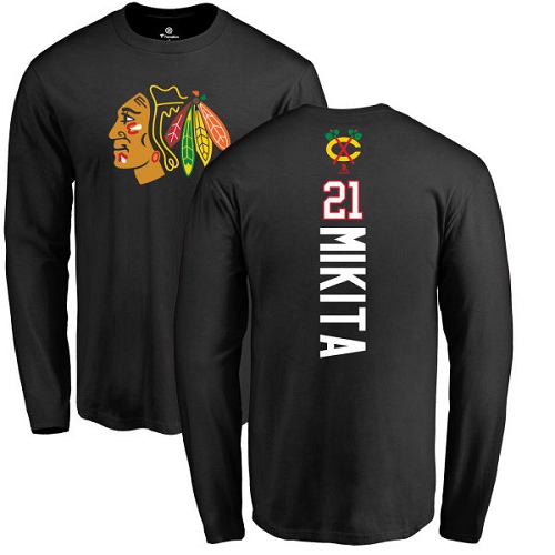 NHL Adidas Chicago Blackhawks #21 Stan Mikita Black Backer Long Sleeve T-Shirt