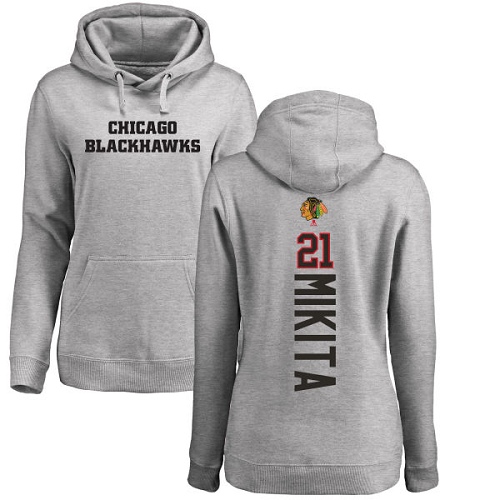 NHL Women's Adidas Chicago Blackhawks #21 Stan Mikita Ash Backer Pullover Hoodie