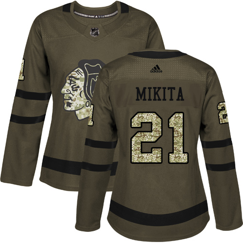 Women's Adidas Chicago Blackhawks #21 Stan Mikita Authentic Green Salute to Service NHL Jersey