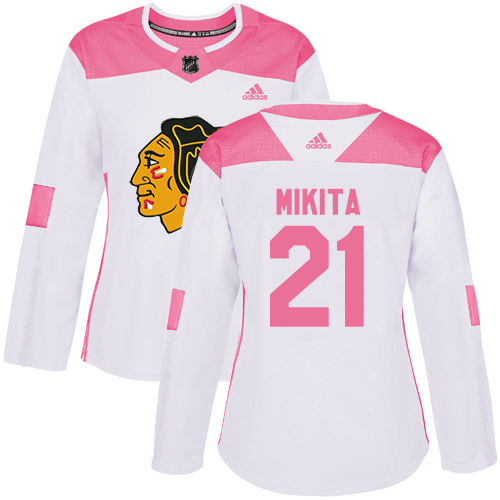 Women's Adidas Chicago Blackhawks #21 Stan Mikita Authentic White/Pink Fashion NHL Jersey