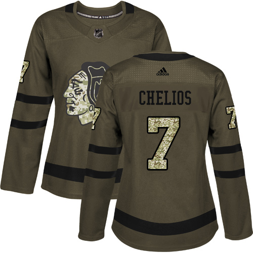 Women's Adidas Chicago Blackhawks #7 Chris Chelios Authentic Green Salute to Service NHL Jersey