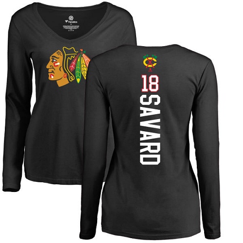 NHL Women's Adidas Chicago Blackhawks #18 Denis Savard Black Backer Long Sleeve T-Shirt