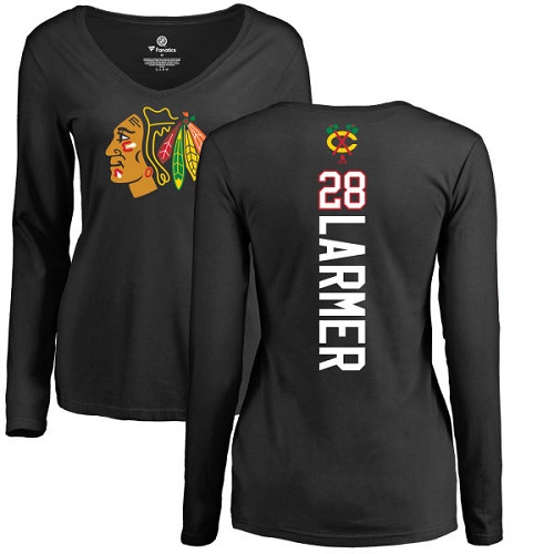 NHL Women's Adidas Chicago Blackhawks #28 Steve Larmer Black Backer Long Sleeve T-Shirt