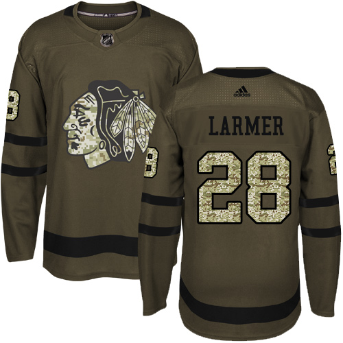 Youth Adidas Chicago Blackhawks #28 Steve Larmer Authentic Green Salute to Service NHL Jersey