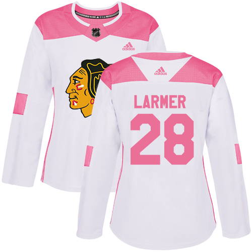 Women's Adidas Chicago Blackhawks #28 Steve Larmer Authentic White/Pink Fashion NHL Jersey