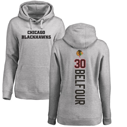 NHL Women's Adidas Chicago Blackhawks #30 ED Belfour Ash Backer Pullover Hoodie